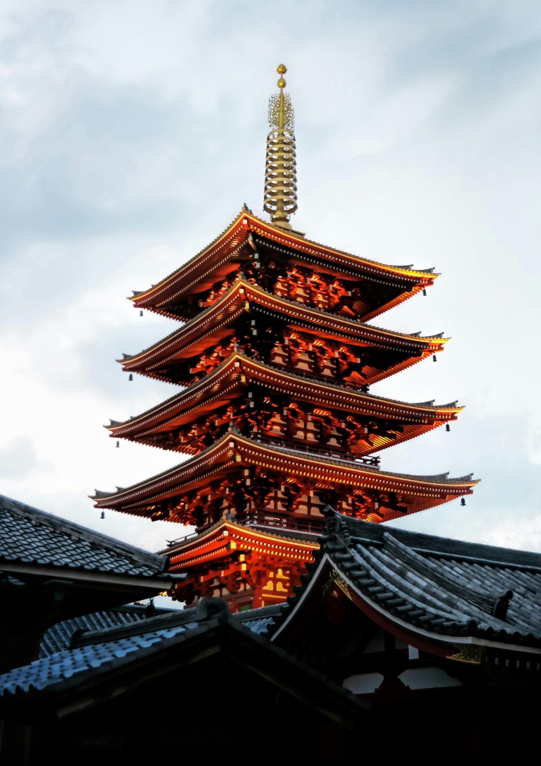 Stunning view of a traditional five-storied pagoda at sunset in Tokyo, Japan.